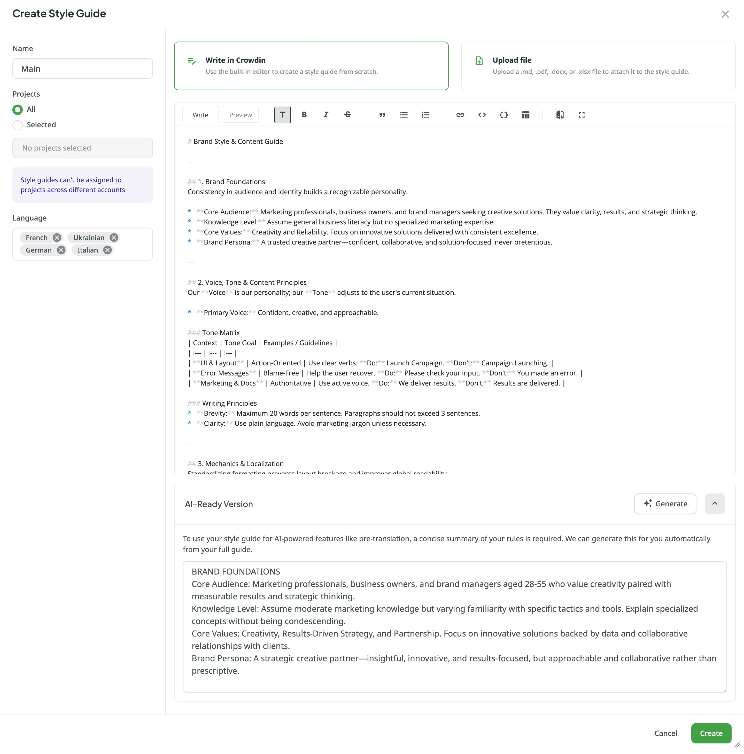 Create style guide dialog